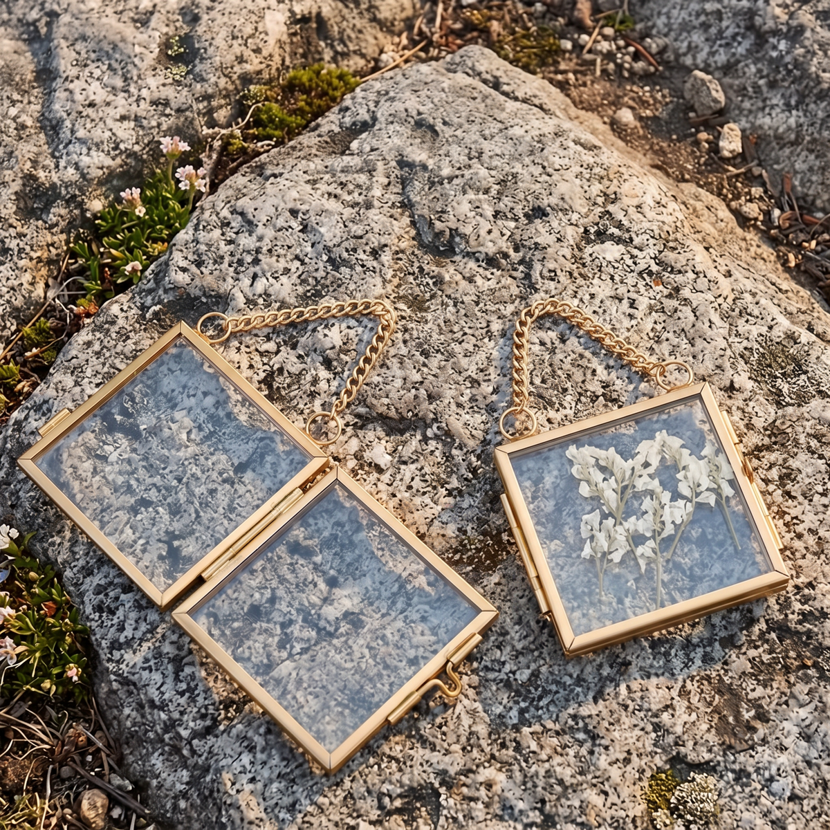 Gold double glass hanging frames with white pressed flowers on a granite rock