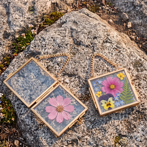 Two gold glass pressed flower frames on a hiking trail rock, one open with a pink cosmos, one closed with a pressed bouquet